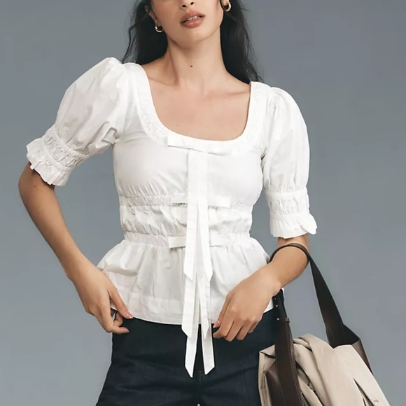 DAMSON MADDER NWT Bianca Ruffle Bow Blouse White Puff Sleeve 4 S - Picture 3 of 9